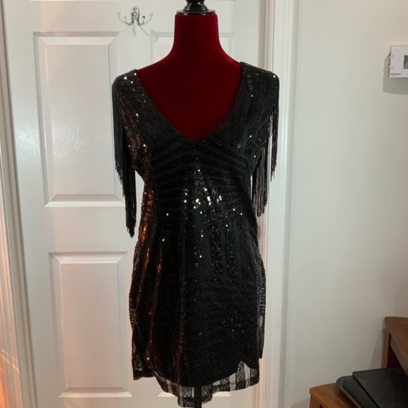 Capuffy Sequin Black Fringe Party Bodycon Mini Dress Size Large - Picture 10 of 10